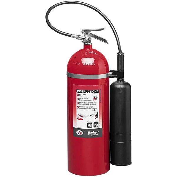 Red fire extinguisher with black hose on a white background