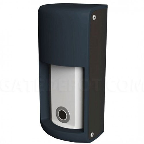 Black outdoor security camera on a white background