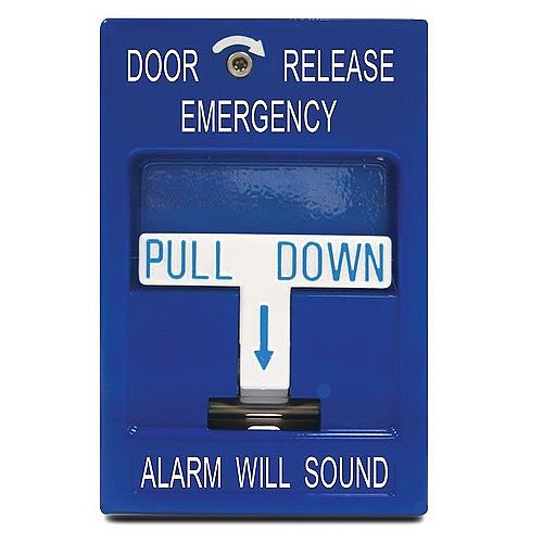 Blue emergency door release pull tab with text on a white background