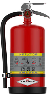 Red fire extinguisher with black handle and silver nozzle on a white background