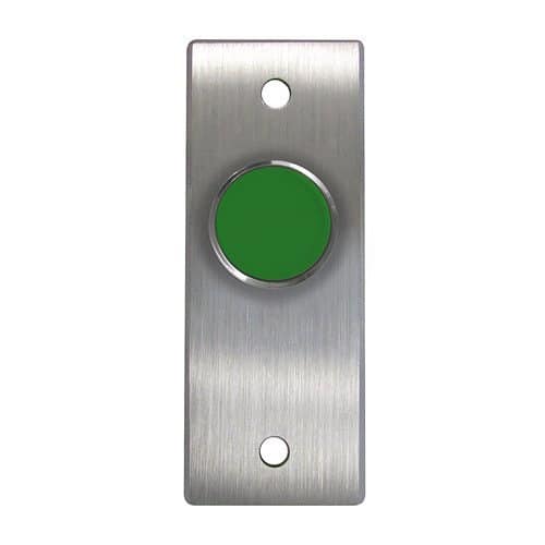 Metallic doorbell panel with a green button on a white background