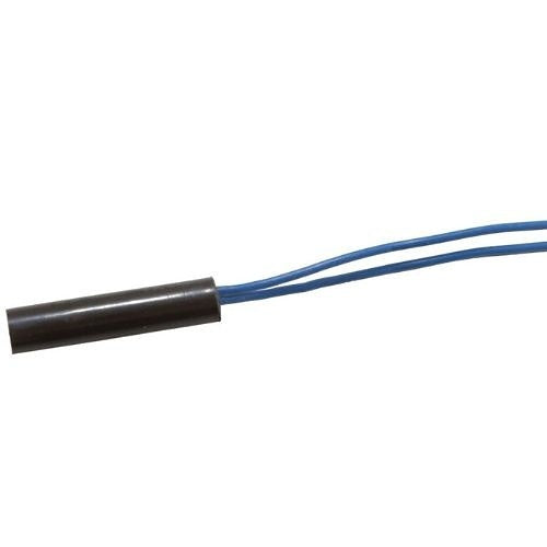Black cylindrical component with blue wire on a white background