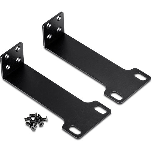 Two black metal brackets with screws on a white background