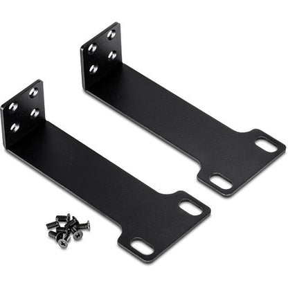 Two black metal brackets with screws on a white background