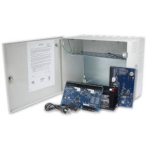 Electrical enclosure with electronic components inside on a white background