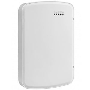 White, rectangular electronic device with rounded corners and edges