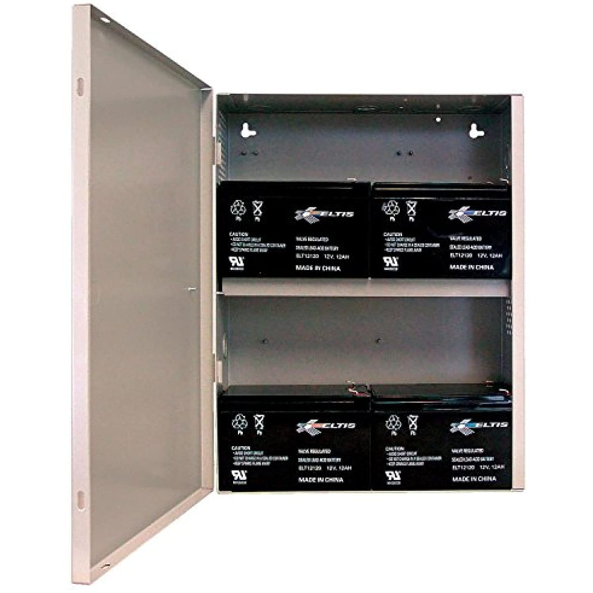 Metal cabinet with batteries labeled 'Xelitis' inside on a white background