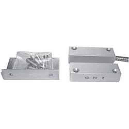 A three-piece industrial magnetic contact switch set manufactured by G.R.I. (George Risk Industries), laid out horizontally against a plain white background
