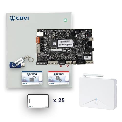 Collection of CDVI electronic components and accessories on a white background