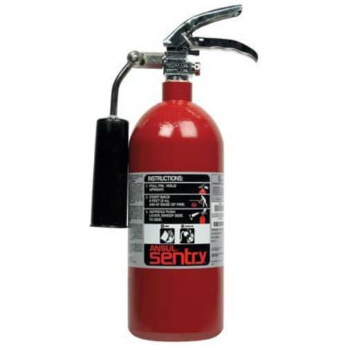 Red fire extinguisher with a visible brand label on a white background