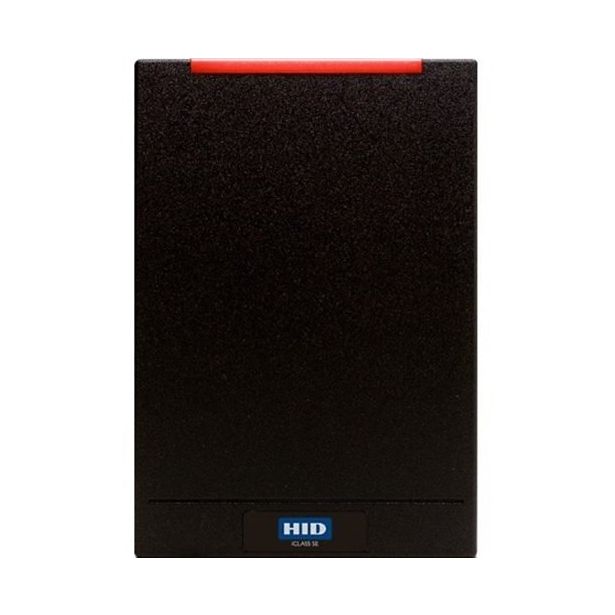 Black card reader with red accent on a white background, featuring HID logo.