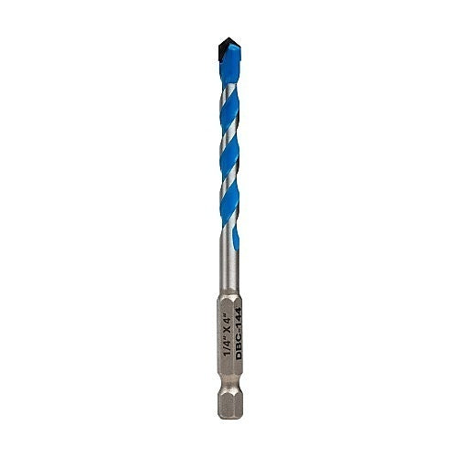 Drill bit with blue and silver design on a white background
