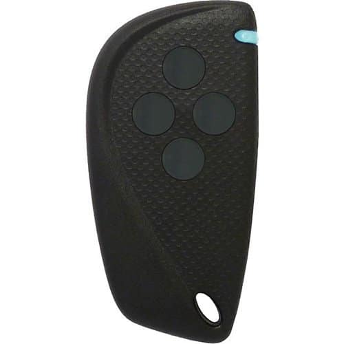 Black remote control with four buttons on a white background