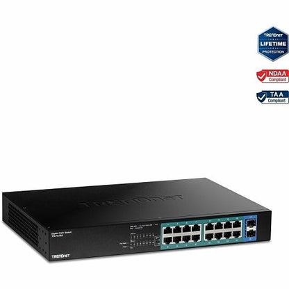 TrendNet network switch on a white background with certification logos.
