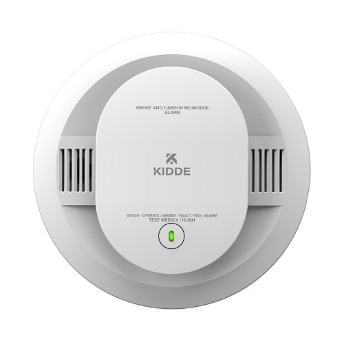 A round white KIDDE smoke and carbon monoxide alarm device shown from a top-down perspective on a solid white background.