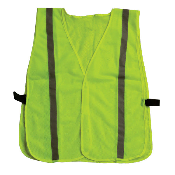 Yellow safety vest with reflective stripes on a white background