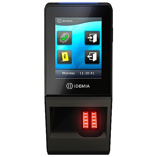 Fingerprint scanner with IDEMIA branding on a white background