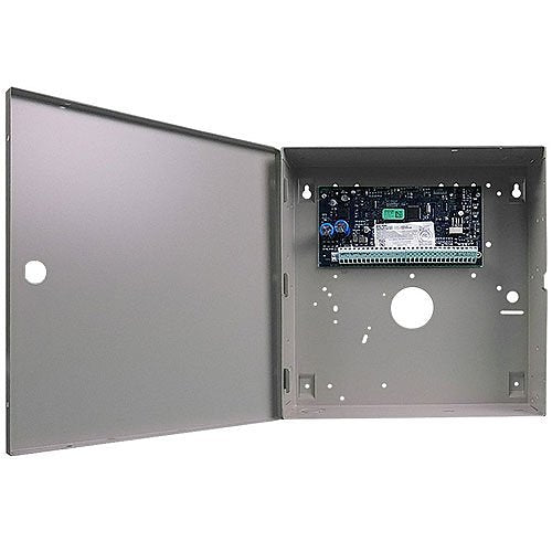 Metal electrical enclosure with electronic components on a white background