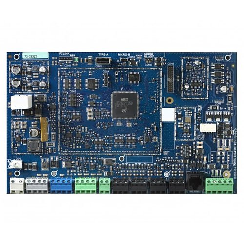 Electronic circuit board with various components on a white background