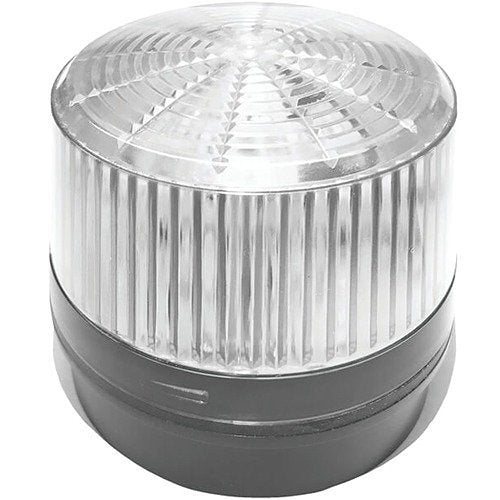 Round industrial light with clear cover and gray base on a white background
