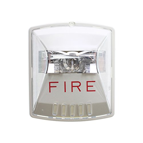 A square fire alarm light with a clear plastic housing, silver internal reflector, and the word 'FIRE' printed in red on the front.