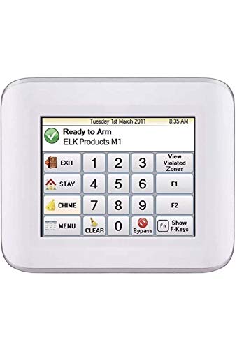 An ELK Products M1 wireless security alarm control panel with a white faceplate and a color LCD screen displaying 'Ready to Arm'.