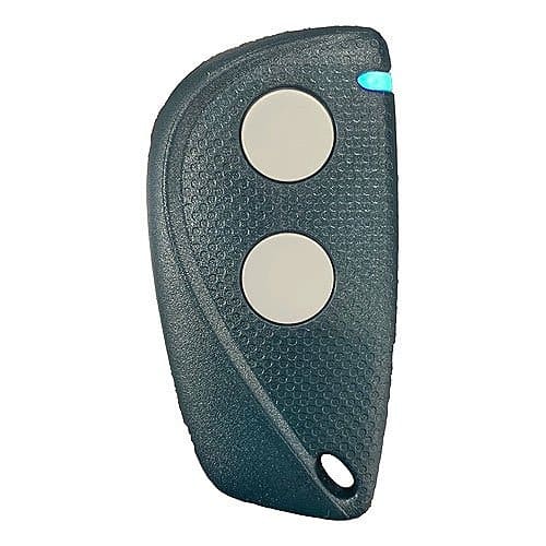 Black remote control with two buttons on a white background