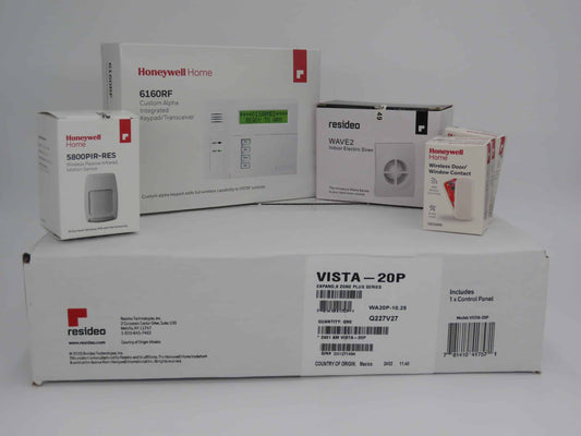 Honeywell Vista 20P Wireless Kit with a 6160RF Keypad, One 5800PIR-Res Motion Sensor, Three 5800MINI Door/Window Contacts, and a WAVE2 Siren