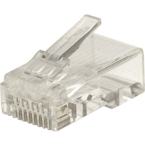 Clear Ethernet cable connector on a white background