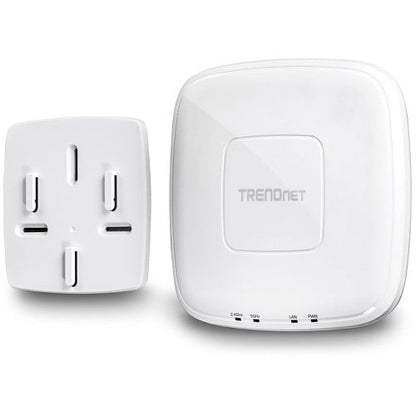 Two white electronic devices on a white background, one resembling a power adapter and the other a router with 'TRENDnet' branding.