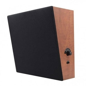 Wooden speaker with black front panel on a white background