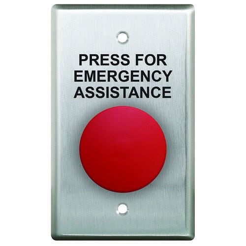 Camden CM-450R-12 Single Gang, Push/Pull, N/O & N/C Stainless Steel Faceplate, Maintained, Red Only, 'PRESS FOR EMERGENCY ASSISTANCE', Black