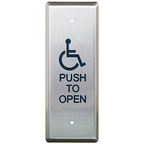 Camden CM-25-4 Narrow Push Plate Switch, Vertical Mounting, 'WHEELCHAIR' Symbol and 'PUSH TO OPEN', Blue