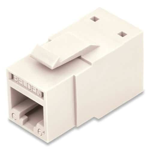 Beige Ethernet connector with Belden branding on a white background