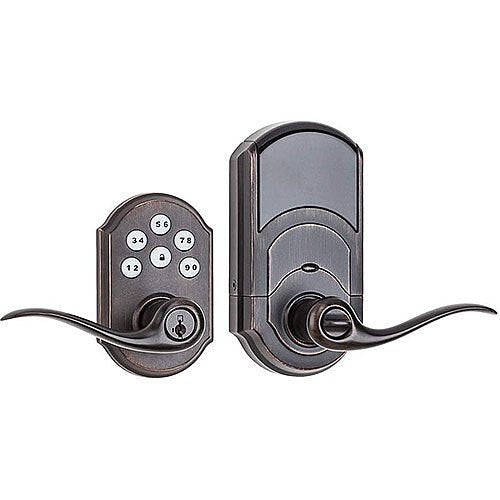 Smart door lock with keypad and lever handle on a white background