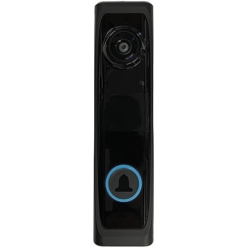 Black video doorbell with camera and bell icon on a white background