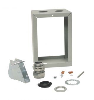 Metal mounting bracket with various components on a white background
