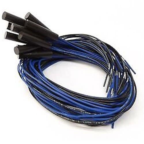 Coiled blue and black wire on a white background