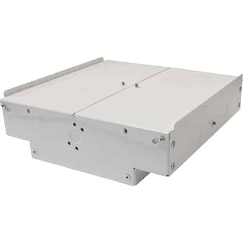 A white, rectangular, industrial metal equipment box set against a solid white background