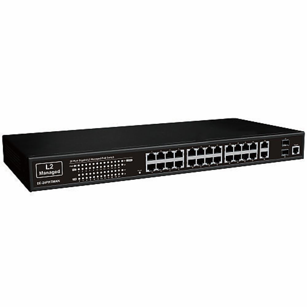 Black network switch with multiple ports on a white background
