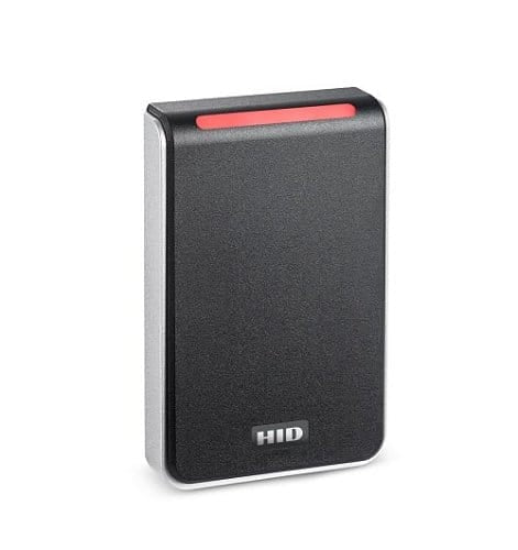Black card reader with red light on a white background, featuring the HID logo.