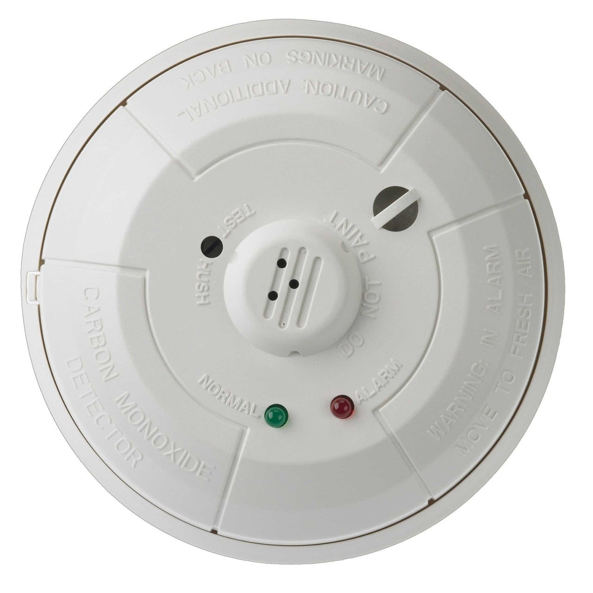 White carbon monoxide detector with green and red indicator lights on a white background