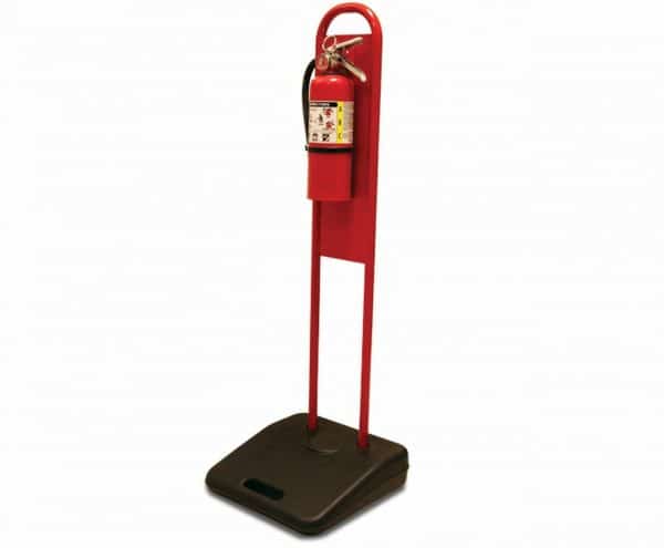 Red fire extinguisher on a stand against a white background