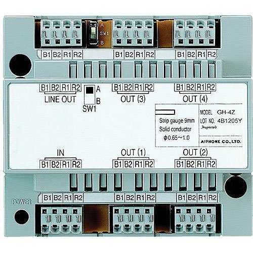 Electrical component with connectors and labels on a white background