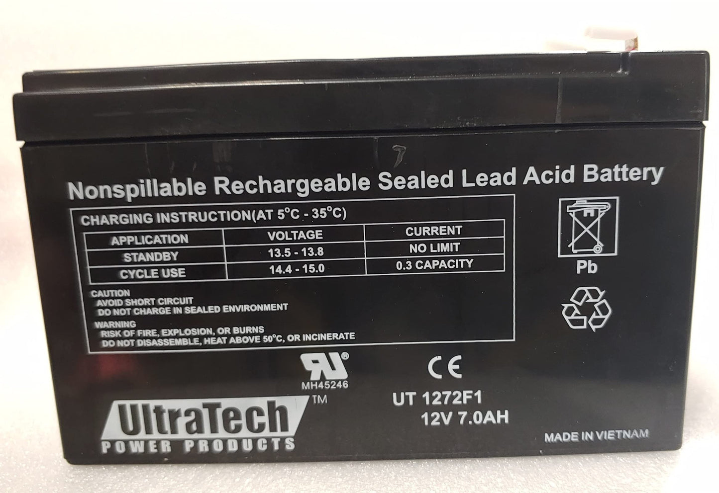UltraTech 1272F1 12 Volt 7.0 Ah Sealed Lead Acid Battery - F1 Terminal (Replaces UT 1270)