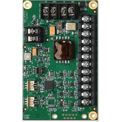 Green circuit board with electronic components on a white background