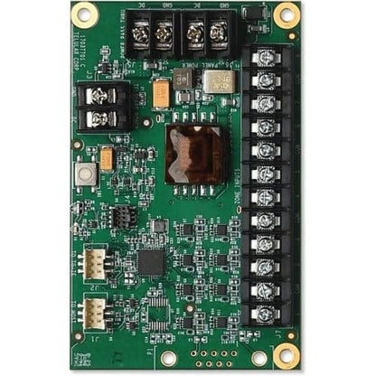 Green circuit board with electronic components on a white background