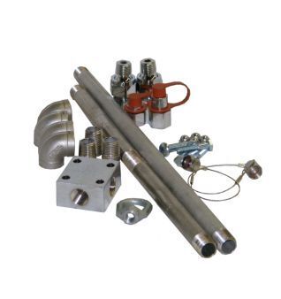 Collection of metal pipes, valves, and connectors on a white background