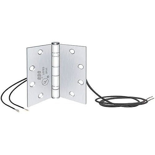 Metal hinge with electrical wires on a white background