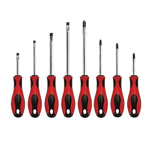 Set of red and black screwdrivers on a white background